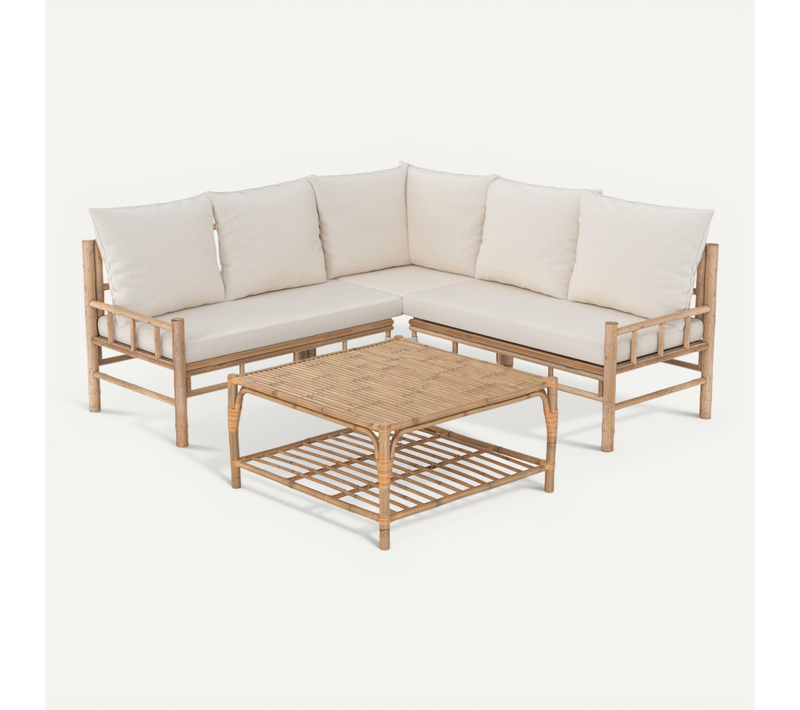 Salon De Jardin 5 Personnes Blanc En Bambou, Table Basse Carrée - Vadella