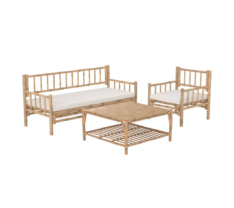 Salon De Jardin Blanc 4 Personnes En Bambou, Table Basse Carré - Vadella