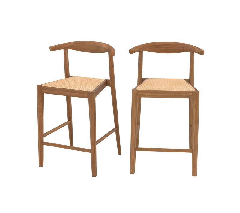 Lot De 2 Tabouret de bar Pour Îlot Central 64 Cm En Teck Vernis Et Cannage - Alia