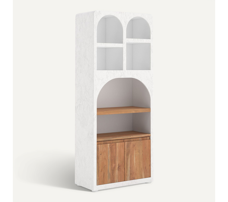 Bibliothèque En Plâtre Blanc Cassé Et Bois D'acacia - Fira