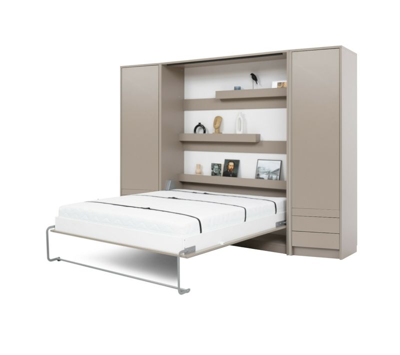 Lit Escamotable Avec Bureau Et 2 Colonnes 140x200 Cm Goya Taupe