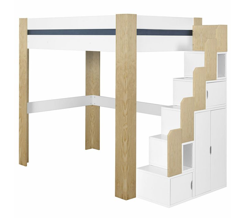 Pack Lit Mezzanine Avec Escalier Et Matelas 90x190 Cm Lex  Blanc Et Bois