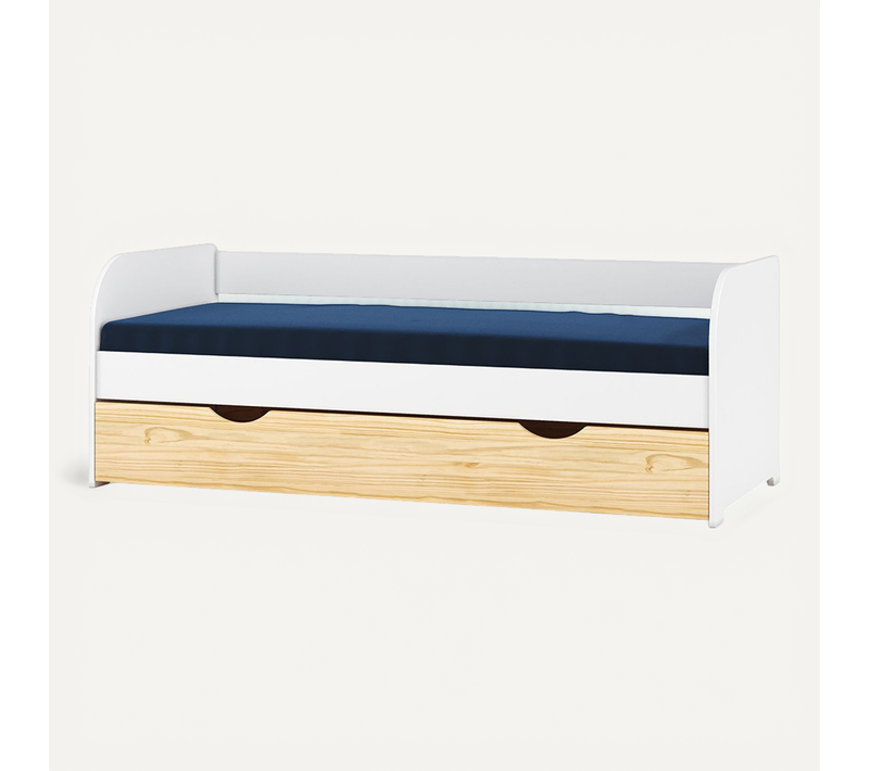 Pack Lit Banquette Gigogne Avec Matelas 80x190 Cm Ezra  Blanc Et Bois