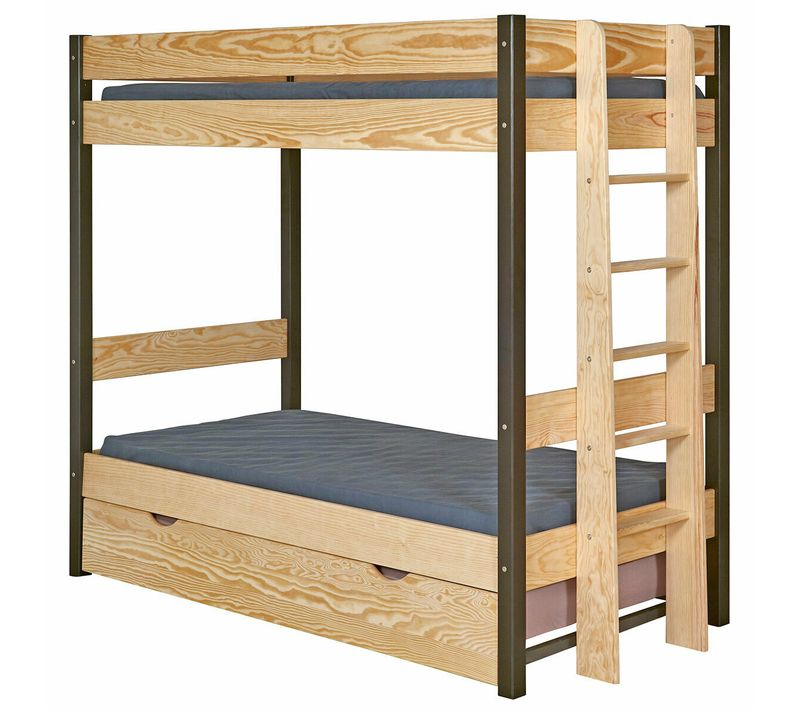 Pack Lit Superposé Gigogne Avec Matelas 90x190 Cm Tino  Noir Et Bois