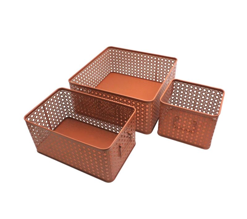 Lot De 3 Paniers De Rangement En Métal Terracotta 32 X 32 X 14 Cm