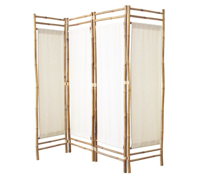 Paravent D'intérieur En Tissu Blanc Et Bambou