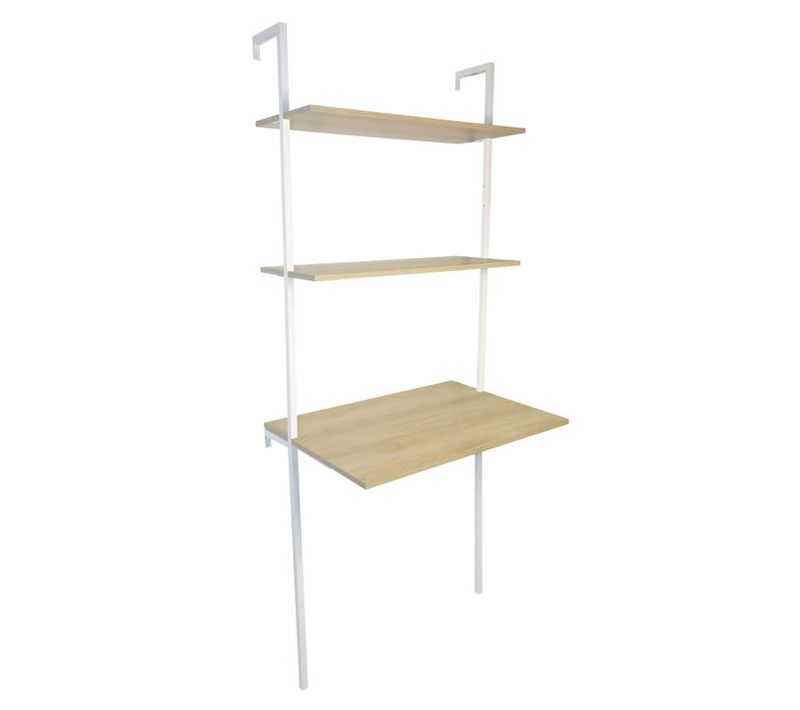 Bureau Mural Avec 2 Étagères En Bois Naturel Et Métal Blanc 76 X 51 X 185 Cm