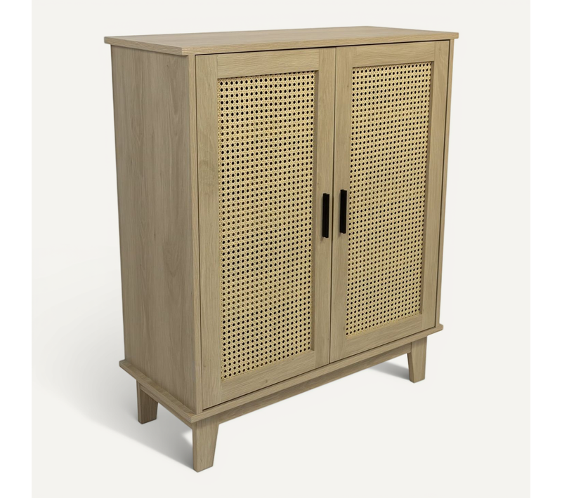 Commode 2 Portes Et 3 étagères Cannage Bois Naturel 80 X 34 X 96 Cm