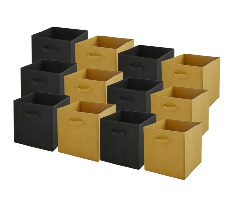 Lot De 12 Paniers Pliables En Tissu Noir Et Jaune 27 X 27 X 27 Cm
