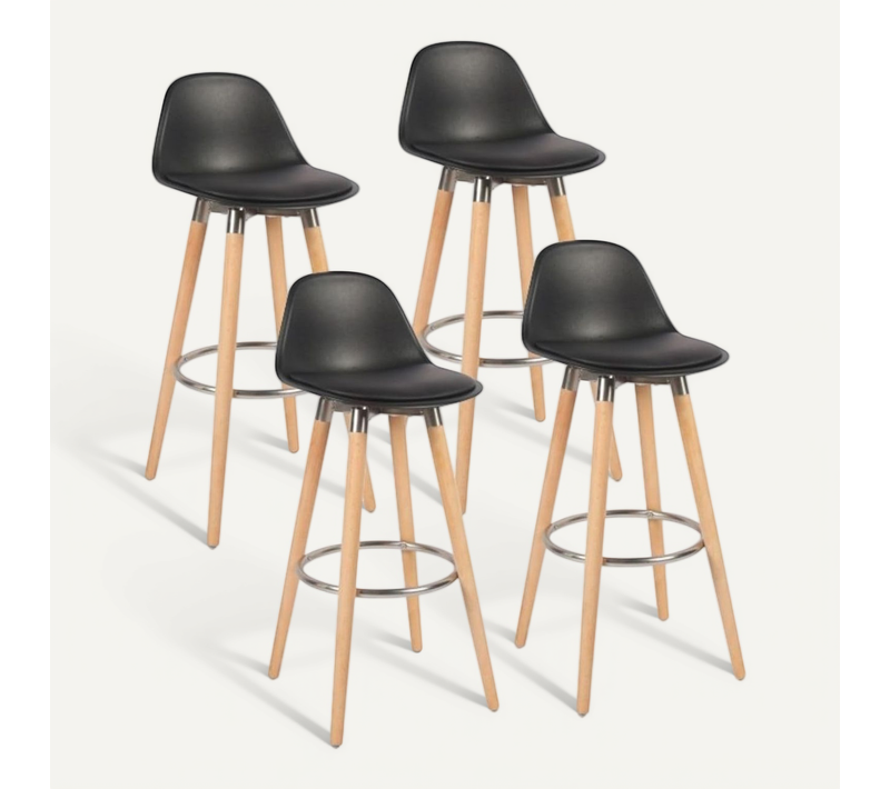 Lot De 4 Tabourets De Bar Noir Pieds Bois De Hêtre 39,5 X 44 X 91 Cm
