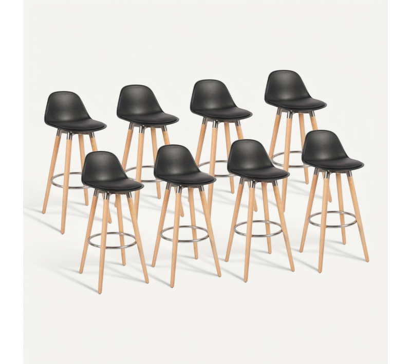 Lot 8 Tabourets De Bar Noir Pieds Bois De Hêtre 39,5 X 44 X 91 Cm