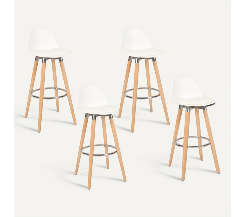 Lot 4 Tabourets De Bar Blanc Pieds Bois De Hêtre 39,5 X 44 X 91 Cm
