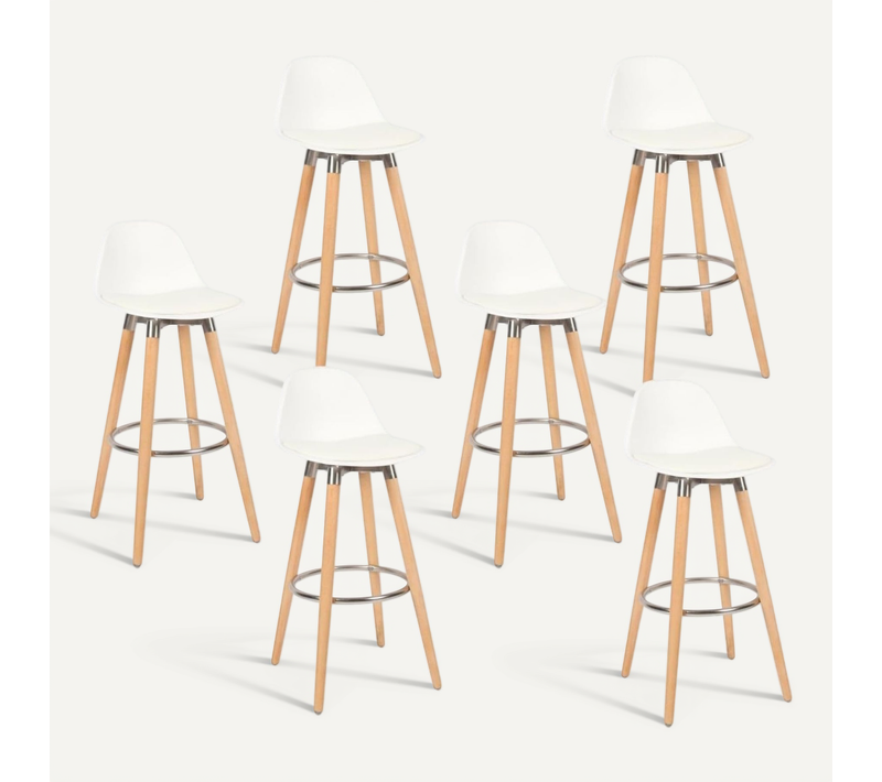 Lot 6 Tabourets De Bar Blanc Pieds Bois De Hêtre39,5 X 44 X 91 Cm