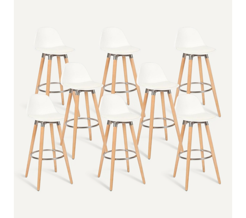 Lot 8 Tabourets De Bar Blanc Pieds Bois De Hêtre 39,5 X 44 X 91 Cm
