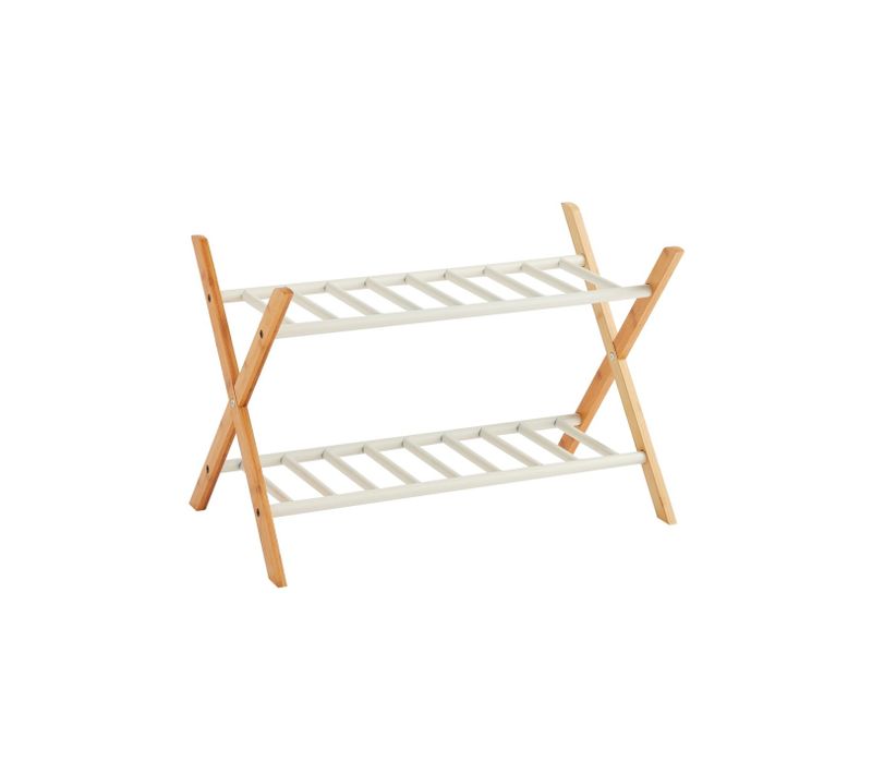 étagère à Chaussures 2 Niveaux Bambou Métal Blanc 66 X 35,5 X 42 Cm