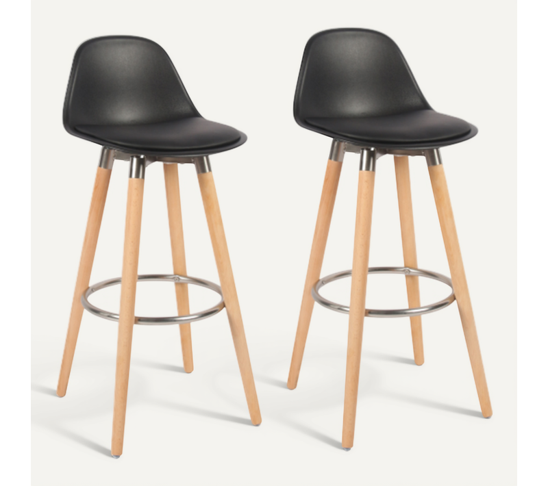 Lot De 2 Tabourets De Bar Noir Pieds Bois De Hêtre 39,5 X 44 X 91 Cm