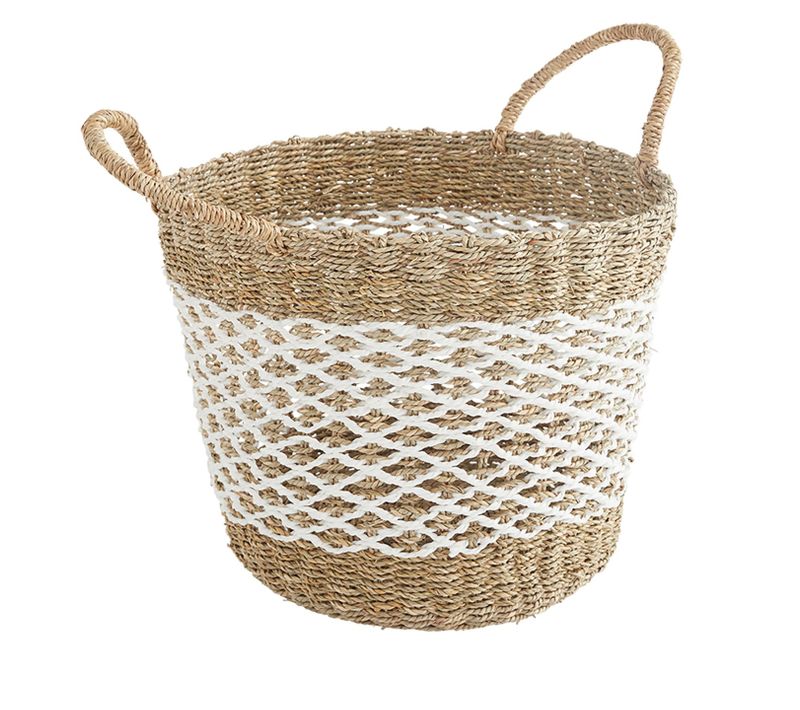 Panier De Rangement Avec Poignées En Jonc De Mer Naturel Et Blanc 30x30x30 Cm