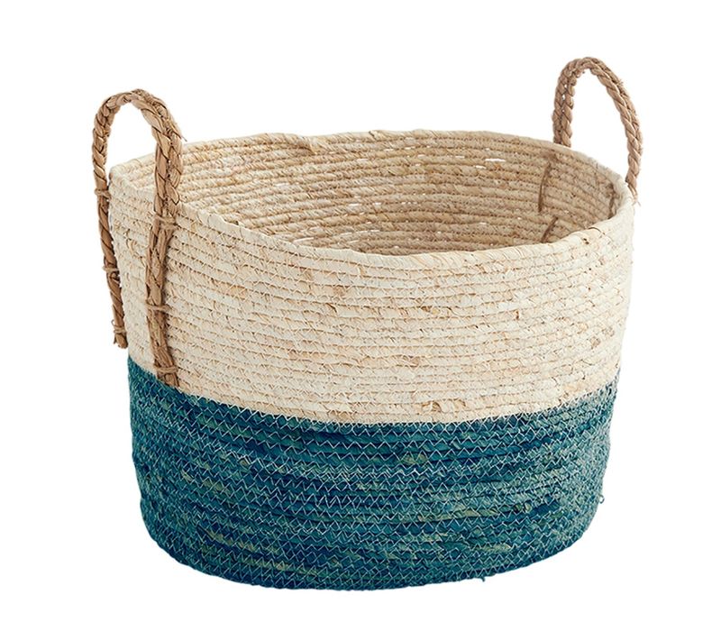 Panier De Rangement Paille Tressée Naturel Et Bleu 42 X 32 X 24 Cm