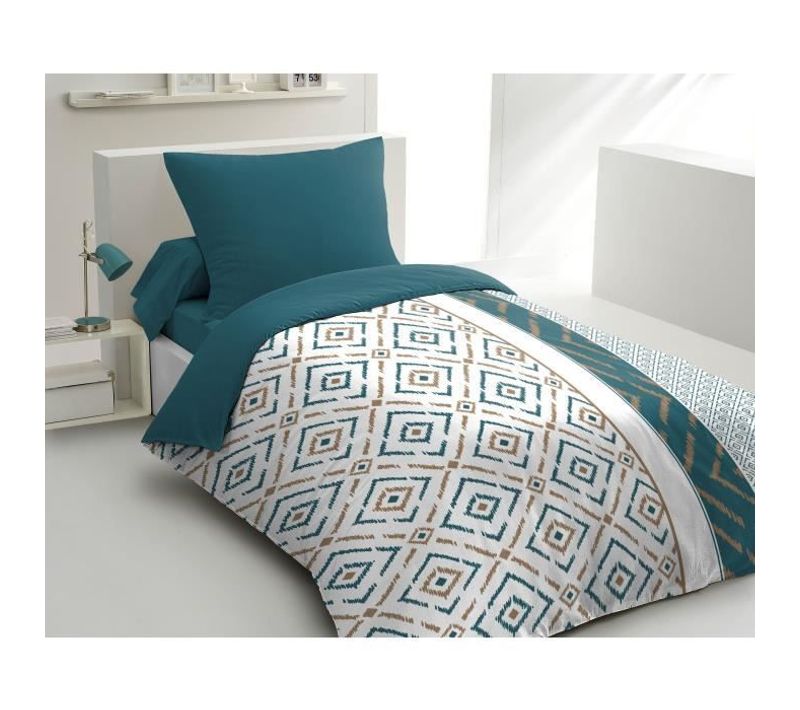 Parure De Couette Microfibre Ethno - 1 Housse De Couette + 1 Taie D'oreiller - Bleu Canard
