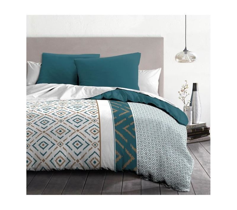 Parure De Couette Microfibre Ethno - 1 Housse De Couette 240x260 + 2 Taies D'oreiller - Bleu Canard