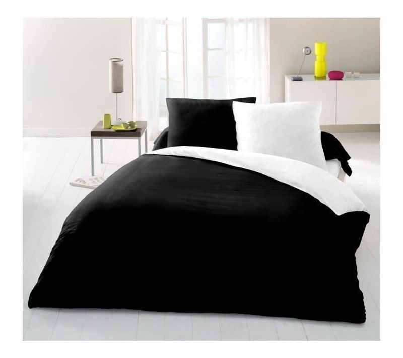 Parure Housse De Couette 2 Personnes - 220x240 Cm - 100% Coton - Bicolore Noir Et Blanc
