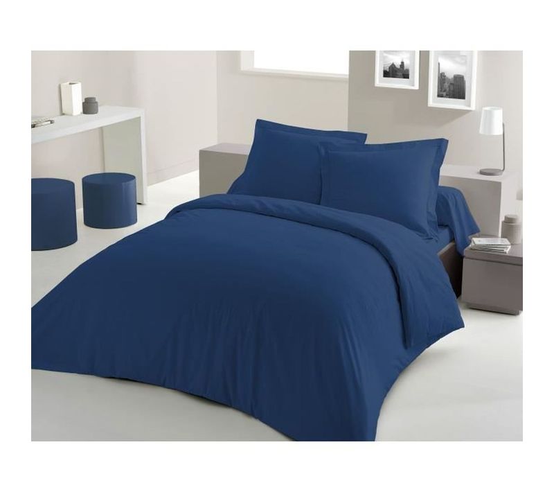 Parure De Couette 220x240 Cm - 100% Coton - Bleu Nuit (2 Taies 63x63)