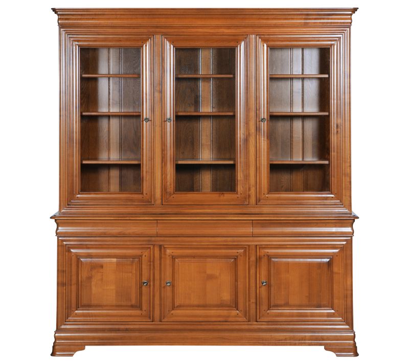 Bibliothèque Vitrée 2 Corps 3 Portes, Merisier Massif