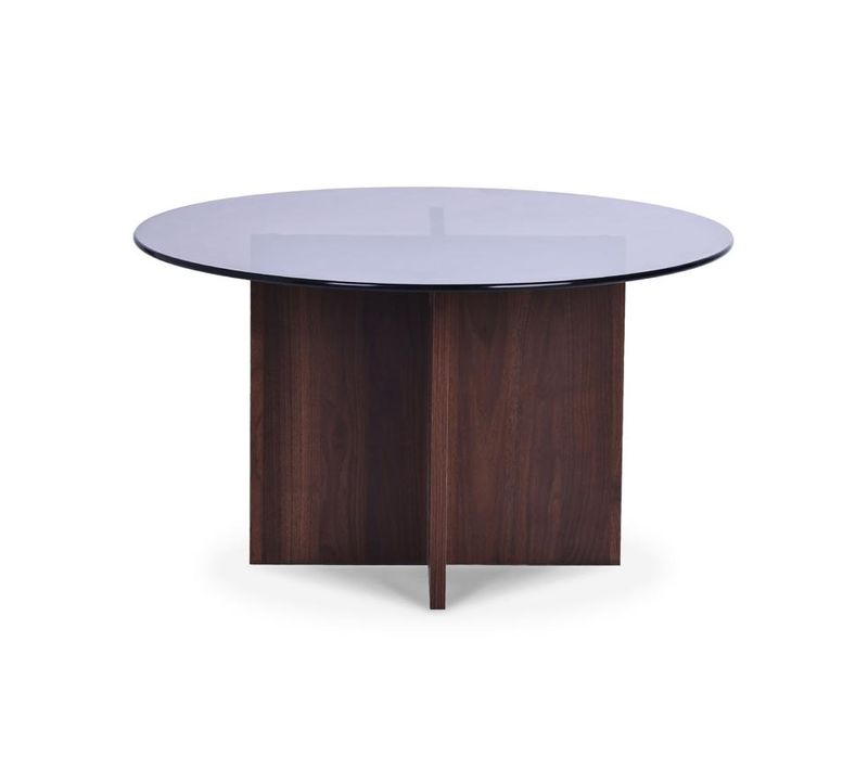 Table Basse Ronde D.80cm Verre Trempé Noir Et Structure Noyer Giulia