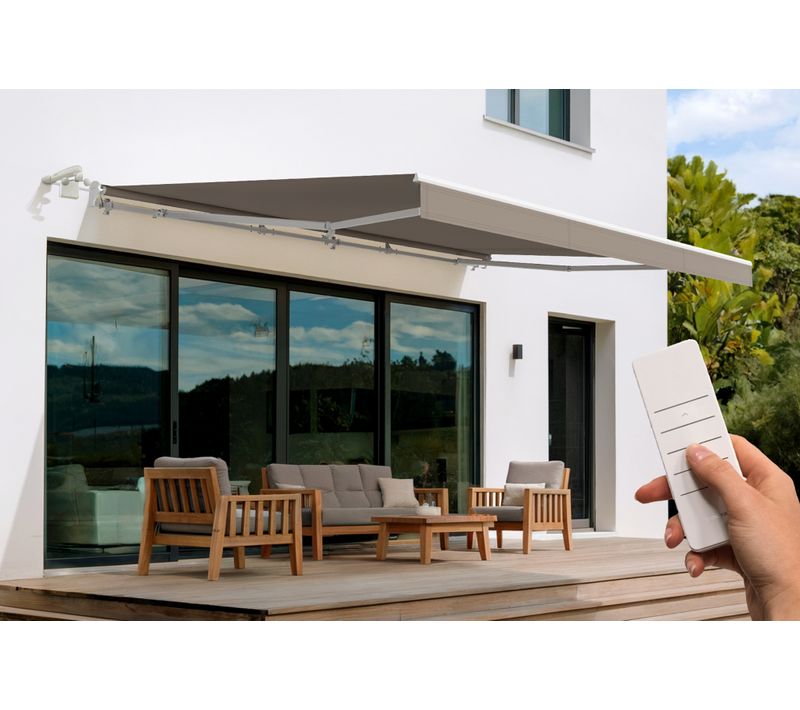 Store Banne Motorisé Semi-coffre Structure Blanche Fazzio 5x3m Toile Taupe
