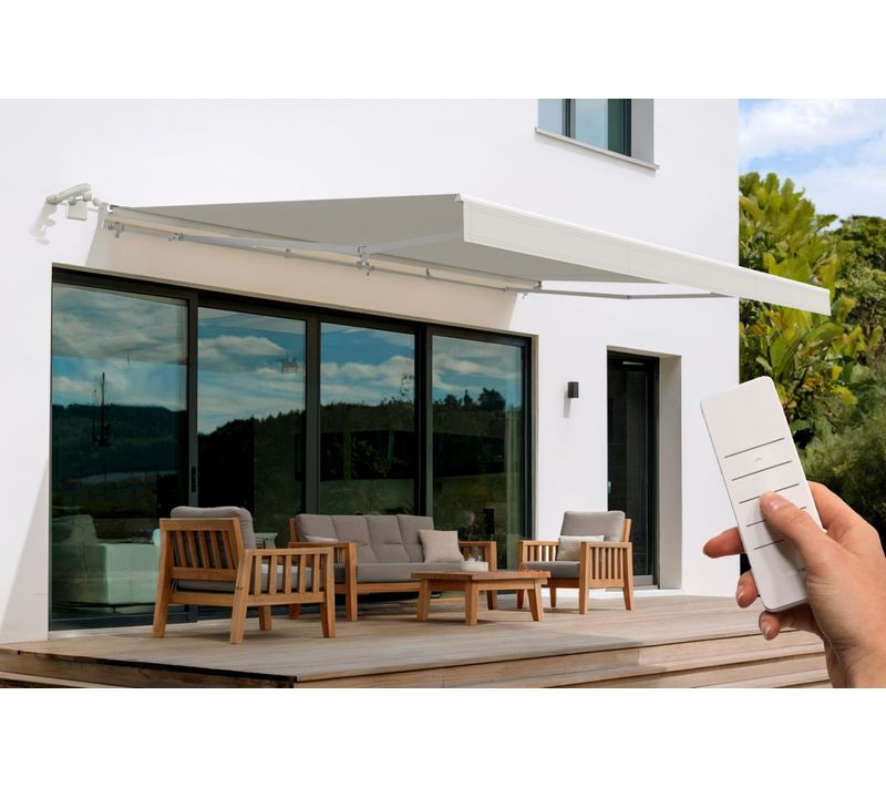 Store Banne Motorisé Semi-coffre Structure Blanche Fazzio 5x3m Toile Beige