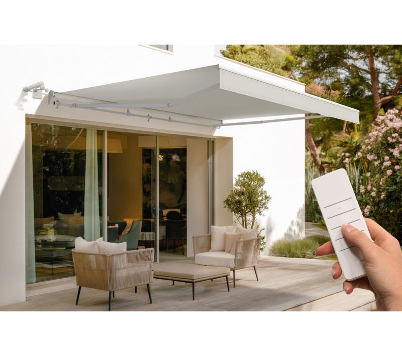 Store Banne Motorisé Semi-coffre Structure Blanche Fazzio 4x3m Toile Beige