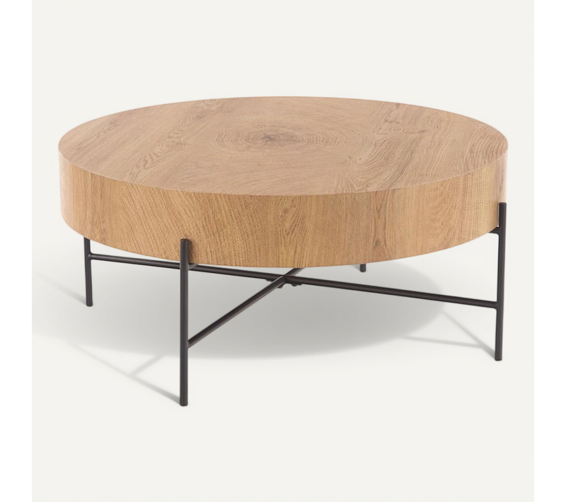Table Basse Ronde 80 Cm De Diamètre Aspect Chêne Naturel Avec Structure Noire En Métal Tinia L