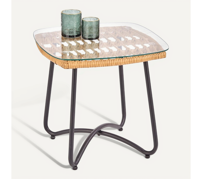 Table Basse Avec Piètement Design En Acier Noir Et Plateau En Rotin Et Verre Cottage