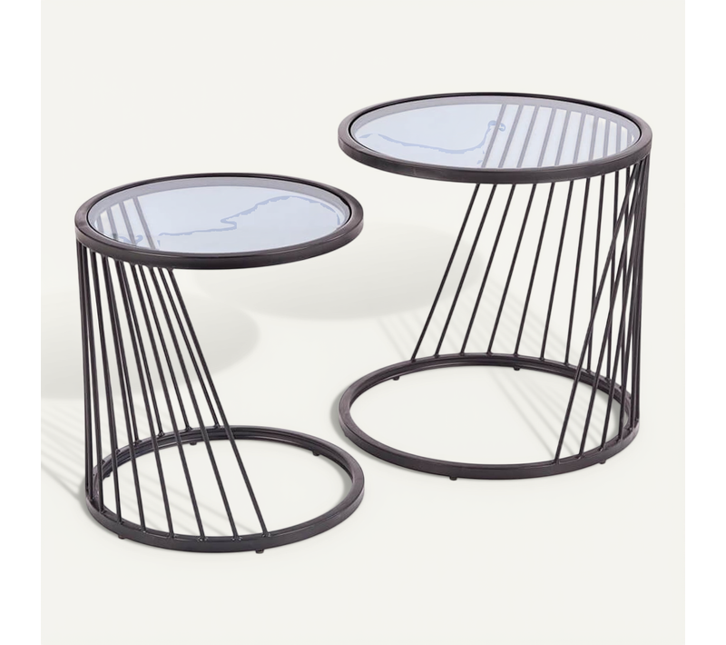 Ensemble De Deux Tables Basses Gigognes Design Avec Structure En Acier Noir Et Plateau En Verre Rapt