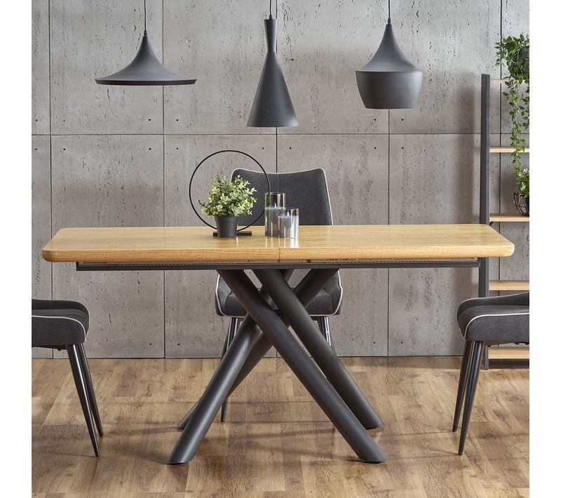 Table De Salle à Manger Avec Pied Central Design En Acier Noir Et Plateau Aspect Chêne Montevideo