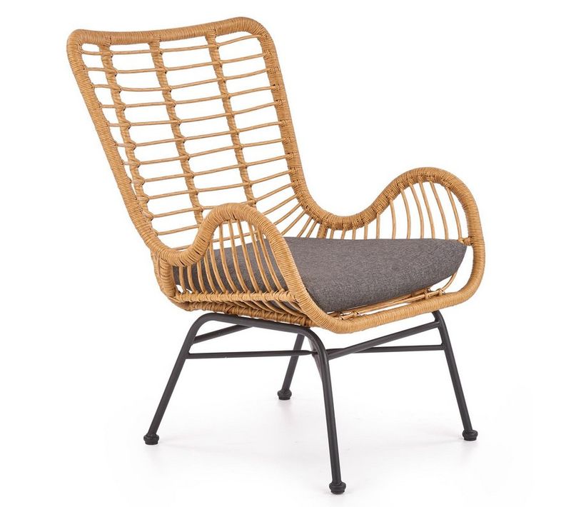 Fauteuil Lounge En Rotin Synthétique Avec Coussin Gris Et Structure En Acier Noir Carnac