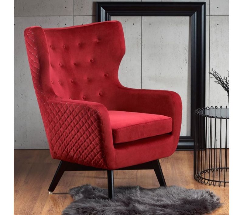 Fauteuil En Velours Rouge Avec Dossier Haut Et Pieds Noirs En Bois Massif Sussex