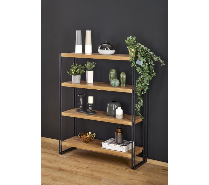 Bibliothèque 100x120 Cm Style Chêne Doré Et Acier Noir Aqua