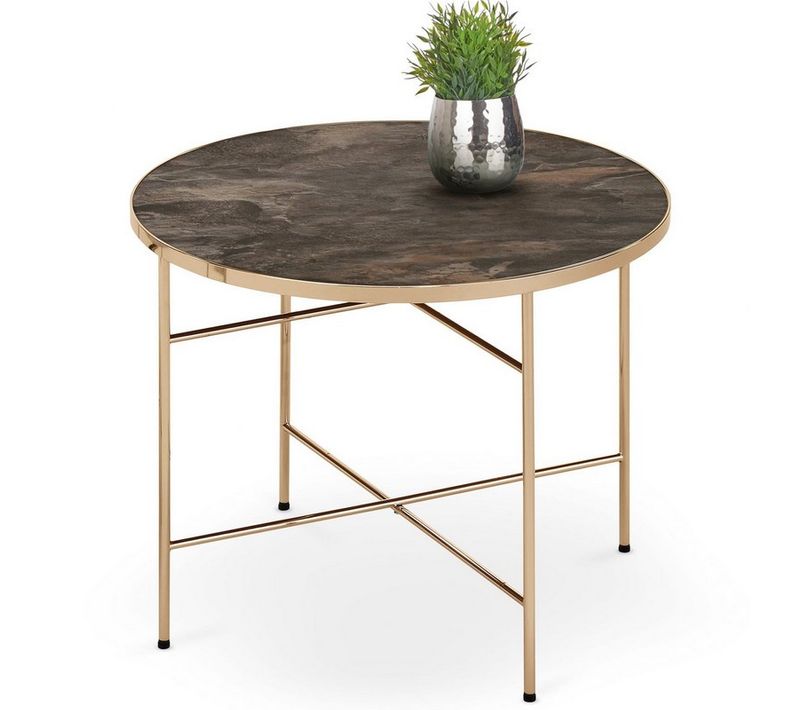Table D'appoint Ronde 60cm Avec Plateau Style Marbre Et Pieds Métal Couleur Champagne Atlas