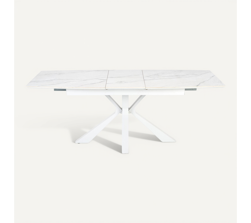 Table Extensible Contemporaine Avec Plateau Aspect Marbre Et Pied Central Design Blanc En Métal Horn