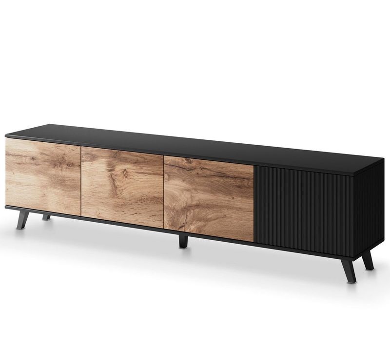 Meuble TV 200 Cm Noir Et Aspect Chêne Wotan Pump