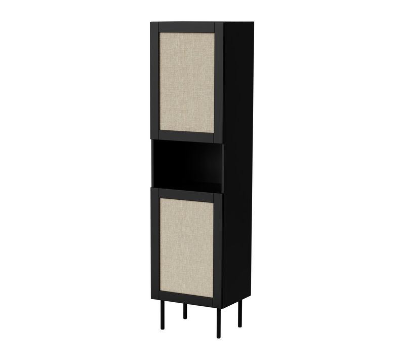 Vitrine Noire 190 Cm Avec Façades En Rotin Et Niche De Rangement Rota