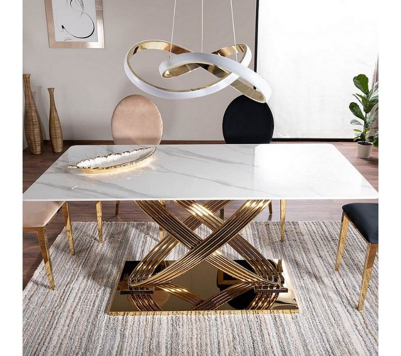 Table De Salle à Manger 160x90 Céramique Aspect Marbre Et Pieds Métal Doré Domitille