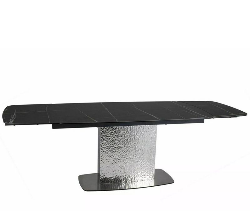 Table Design Extensible Aspect Marbre Noir Avec Pied Central En Acier Inoxydable Eglantine
