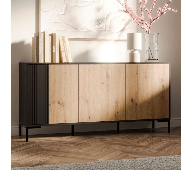 Buffet 150 Cm 3 Portes Noir Et Bois Polo