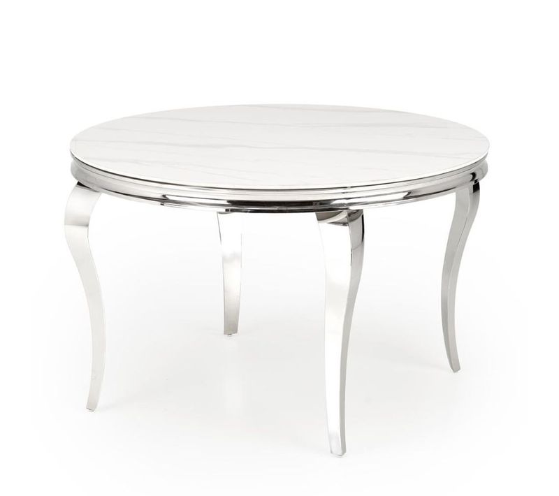 Table à Manger Ronde Baroque 120 Cm Aspect Marbre, Pieds Argentés Canica