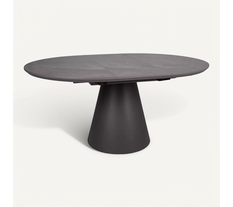 Table Ronde Extensible 120 Cm Gris Effet Marbre Avec Pied Noir Mat Sorin