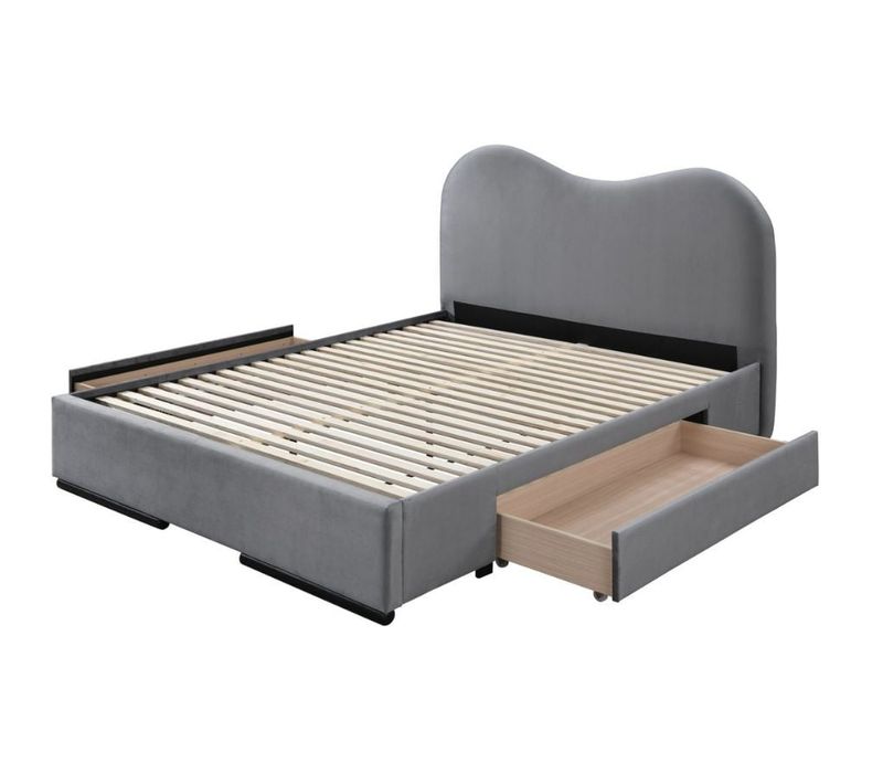 Lit 2 Personnes Gris 160 X 200 Cm Avec Tiroirs De Rangement Wave