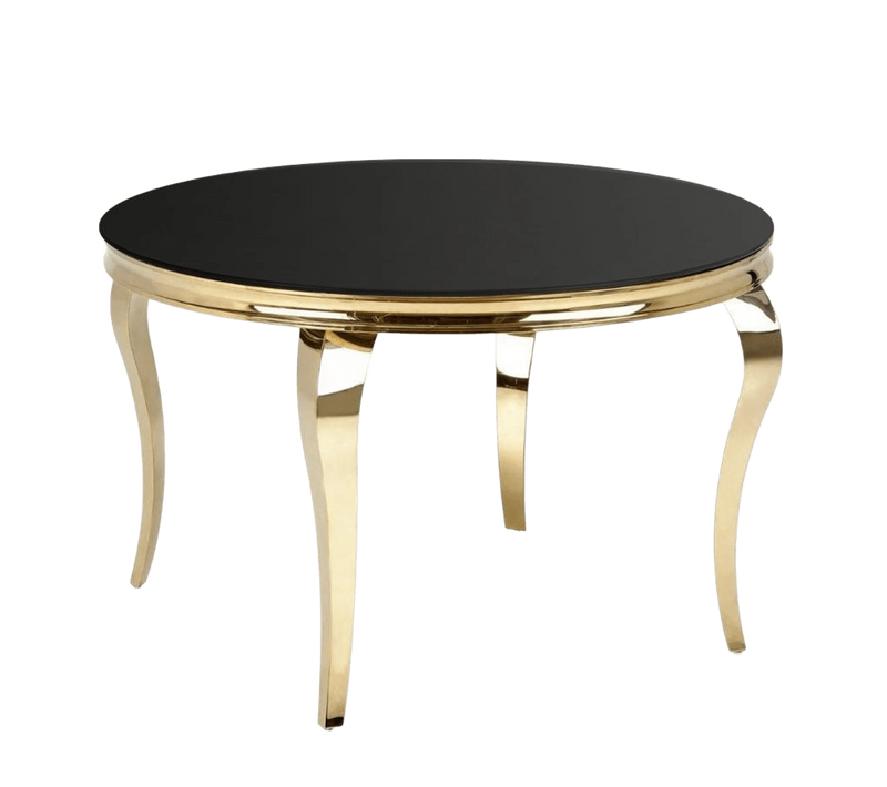 Table Ronde 120cm Pieds Dorés Et Plateau Noir En Verre Canica