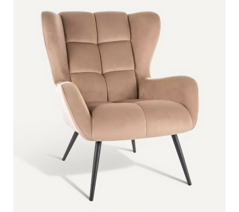 Fauteuil Velours Beige Dossier Capitonné Confort Hôtel Pieds Métal Noir Suite